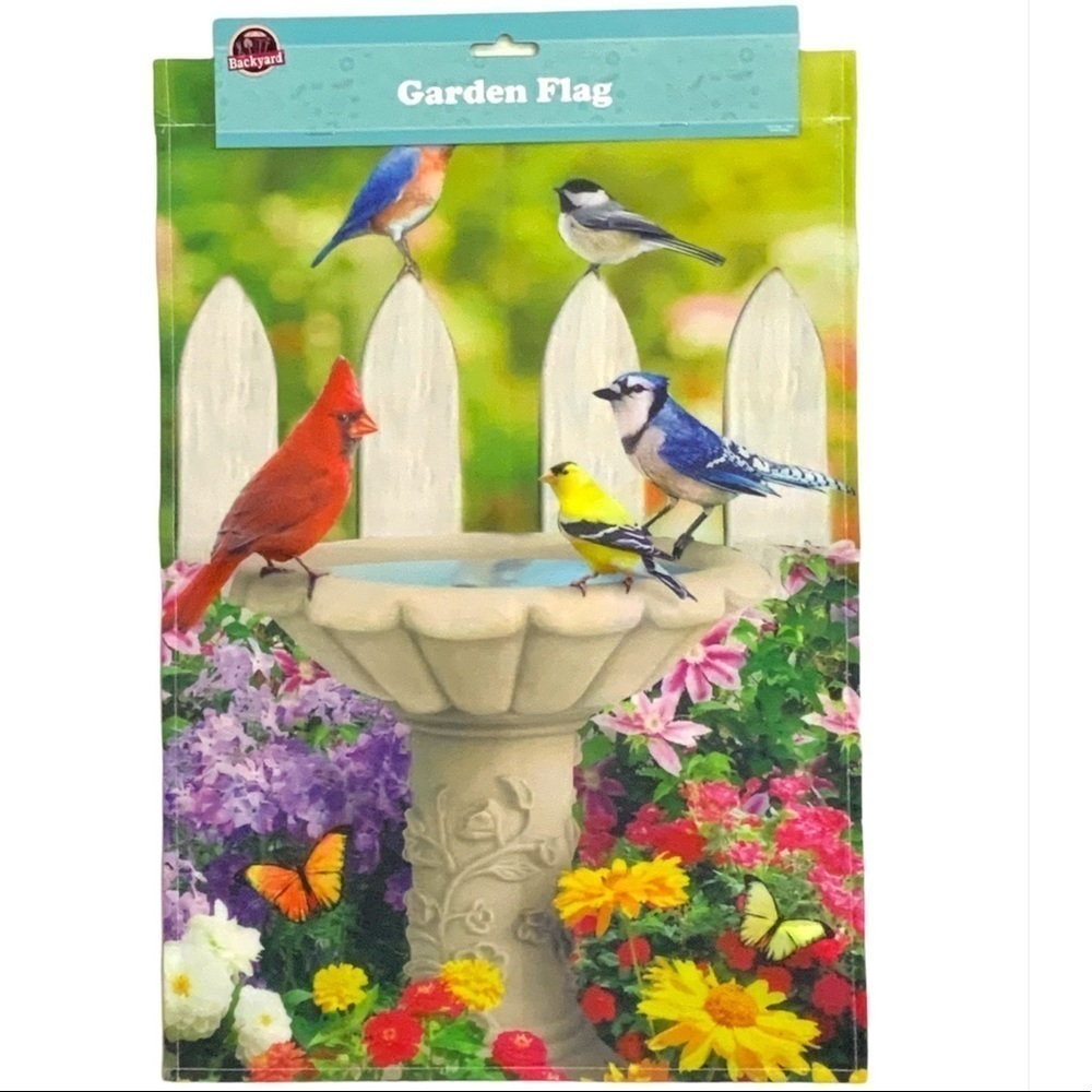 Garden Flag Songbirds Picket Fence Bird Bath Butterflies and Flowers 12 X 18 in